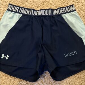 Under Armour Dark Blue Shorts with Light Blue Panels- swim embroidered on shorts